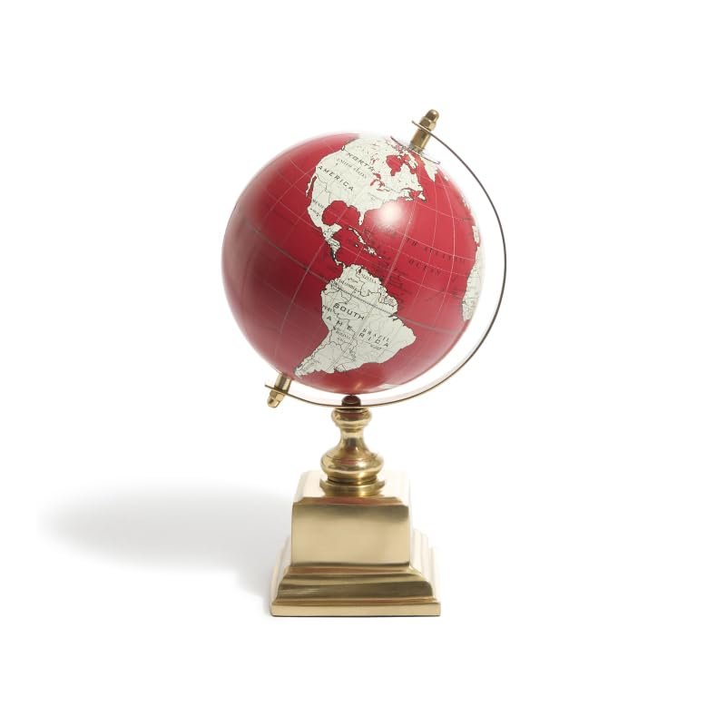 Deep Red Decorative Globe  10.75 on Gold Aluminum Base, Tilted Axis World Map Accent for Mantel, Shelf, Desk & Office Decor