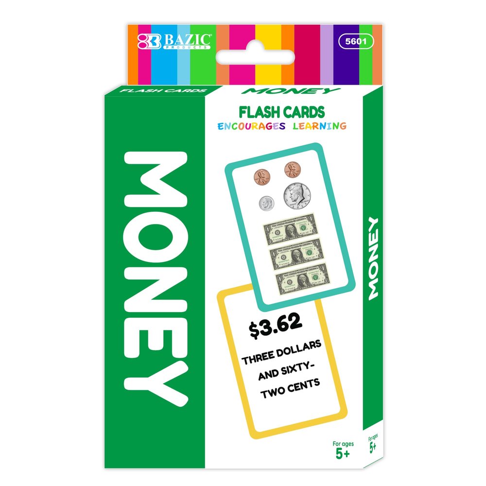 BAZIC Products Money Flash Cards Learn to Count Money, Recognize Bills and Coins USA Currency, Interactive Learning Flashcards Kindergarten School Home (36/Pack), 24-Pack