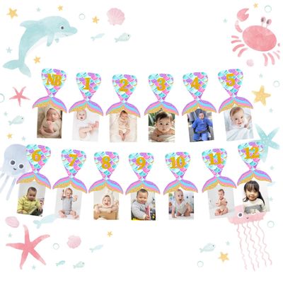 1st Brthday Photo Banner Mermaid 1st Birthday Decorations Girl 1st Birthday Photo Banner for Baby from Newborn to 12 Months
