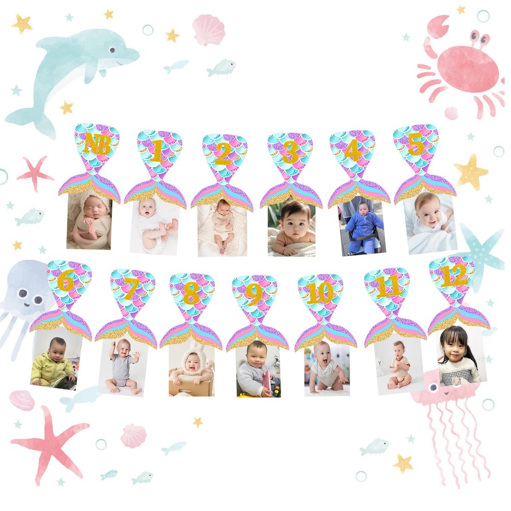 1st Brthday Photo Banner Mermaid 1st Birthday Decorations Girl 1st Birthday Photo Banner for Baby from Newborn to 12 Months
