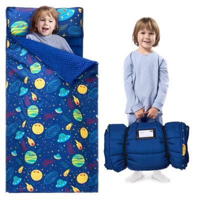 JOIEDOMI Toddler Sleeping Bag for Kids 55''x30'' Nap Mat with Removable Pillow and Minky Blanket for Toddler Ages 3-7 Roll Up Kids Sleeping Bag for Boys Girls Kindergarten Daycare Sleepover Universe