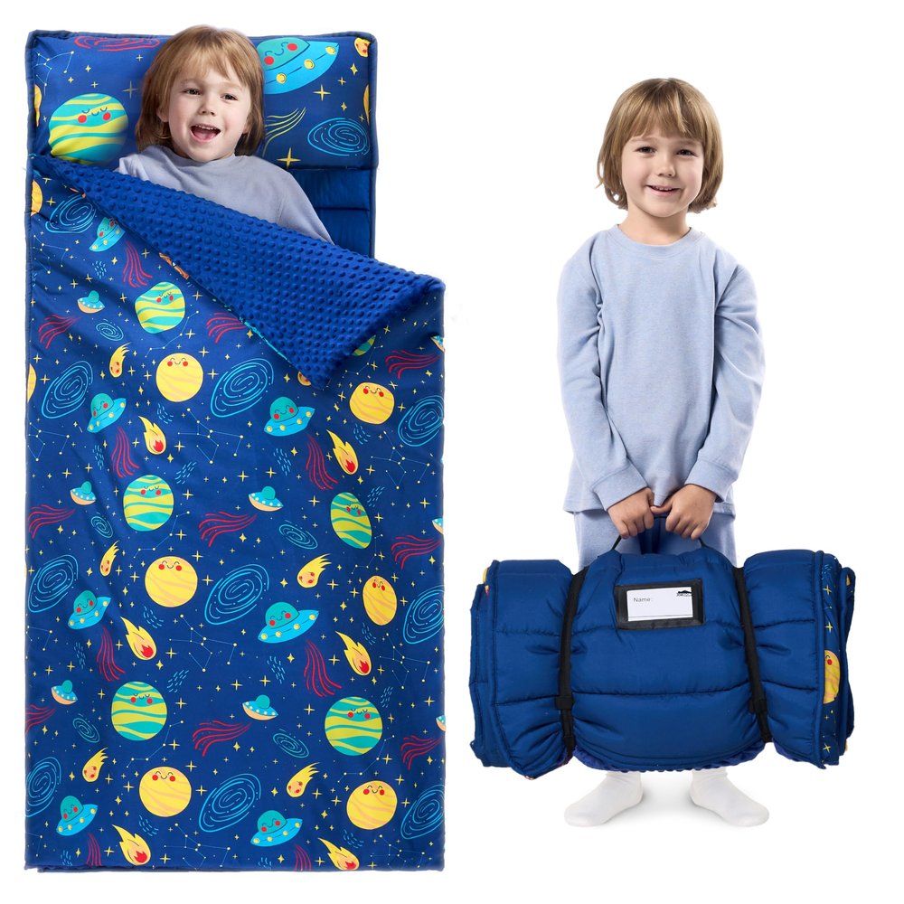 JOIEDOMI Toddler Sleeping Bag for Kids 55''x30'' Nap Mat with Removable Pillow and Minky Blanket for Toddler Ages 3-7 Roll Up Kids Sleeping Bag for Boys Girls Kindergarten Daycare Sleepover Universe