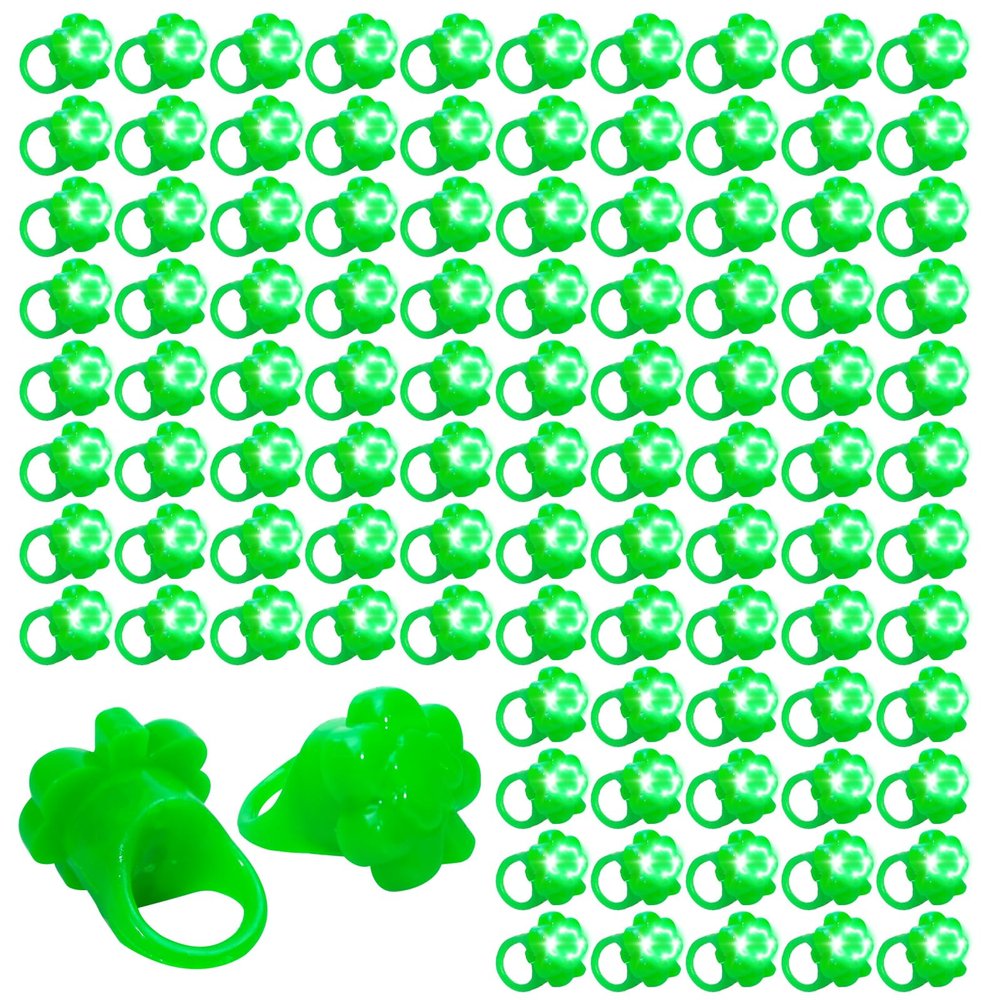 TANEMUDO 100 Pack Shamrock LED Light Ring for St. Patrick's Day with Four Leaf Clover Design, Green LED Light-Up Party Rings Accessories