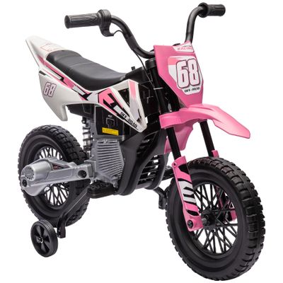 Qaba Kids Dirt Bike with Twist Grip Throttle, 12V Electric Motorcycle, Electric Bike for Toddler with Training Wheels, Spring Suspension & Music, Pink