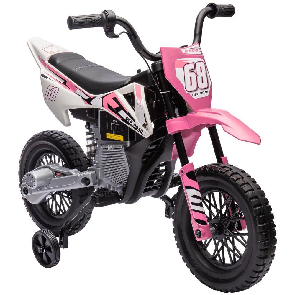 Qaba Kids Dirt Bike with Twist Grip Throttle, 12V Electric Motorcycle, Electric Bike for Toddler with Training Wheels, Spring Suspension & Music, Pink