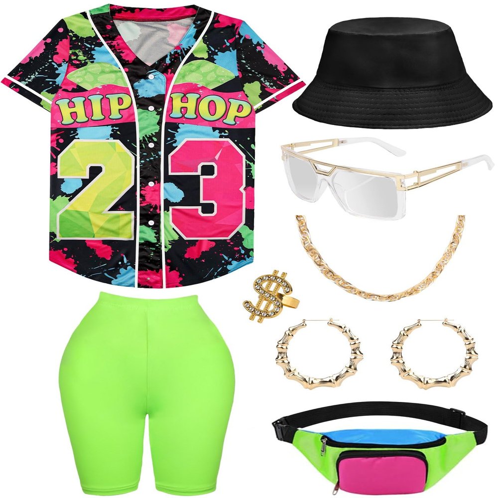 80s 90s Outfit for Women Baseball Jersey Shirt Shorts Fanny Pack Retro Party Costume Repper Accessories 1990s 1980s Neon Clothes Blackgreen L