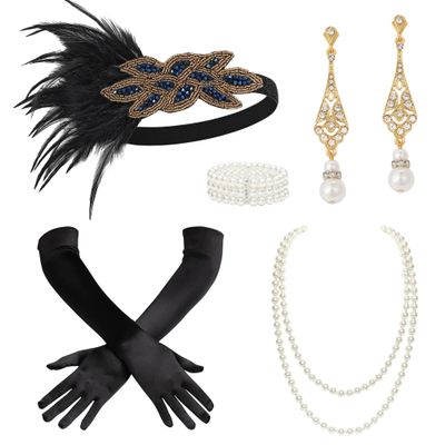 BABEYOND 1920s Flapper Accessories Great Gatsby Costume Accessories 20s Flapper Headband Pearl Necklace Gloves Plastic Holder