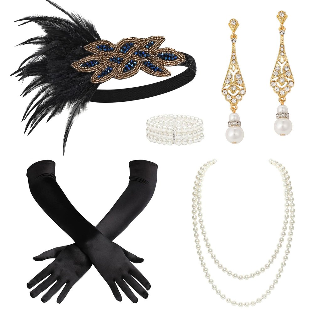 BABEYOND 1920s Flapper Accessories Great Gatsby Costume Accessories 20s Flapper Headband Pearl Necklace Gloves Plastic Holder