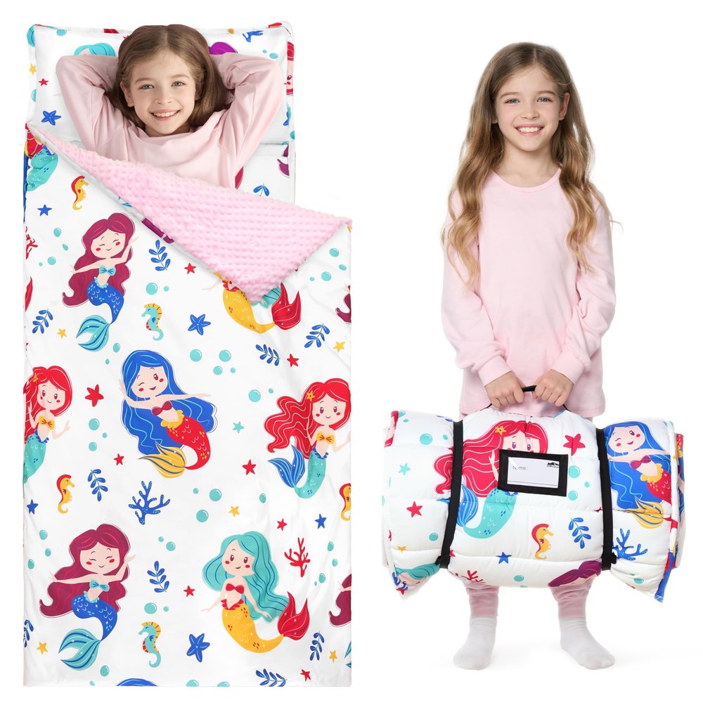 JOIEDOMI Toddler Sleeping Bag for Kids 55''x30'' Nap Mat with Removable Pillow and Minky Blanket for Toddler Ages 3-7 Roll Up Kids Sleeping Bag for Boys Girls Kindergarten Daycare Sleepover Mermaid