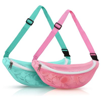 Wedhapy Seashell Bag Kids 2 PCs Mesh Beach Bag Zippered Beach Toy Bag with Adjustable Strap Seashell Collecting Bag Waist Bag for Boys Girls Seashell Collecting Bag