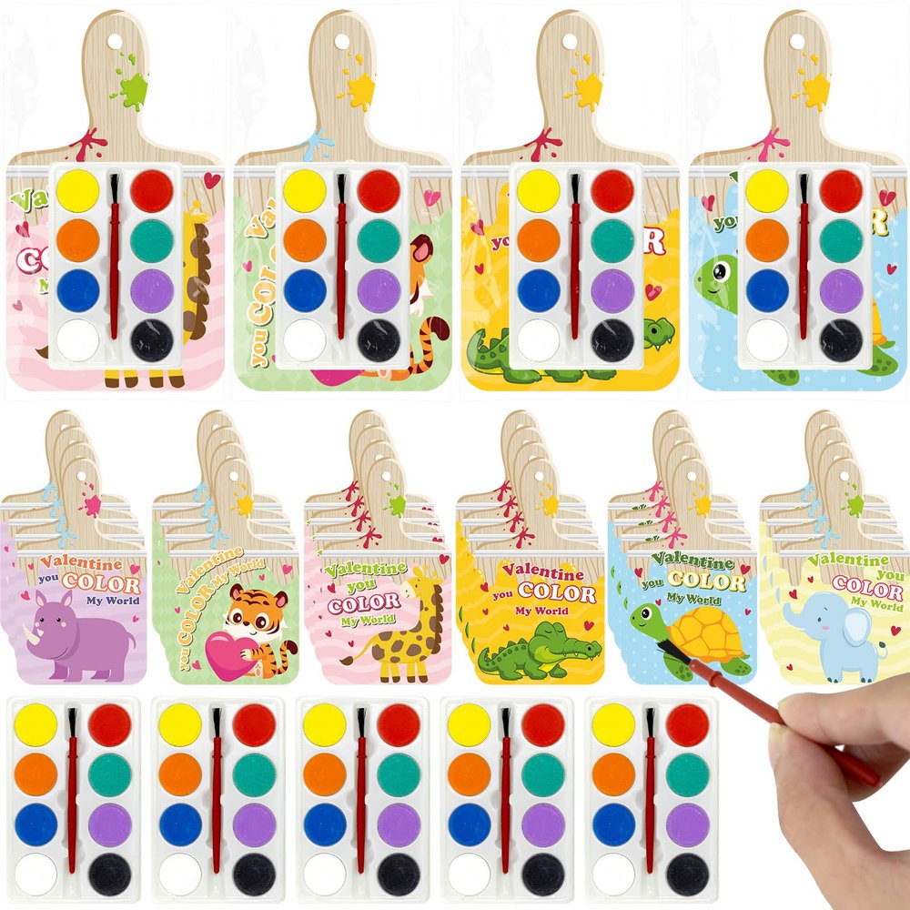 24 Packs Valentines Day Gifts for Kids Classroom with Watercolor Paint Set Valentines Cards for Kids Classroom School Valentine Gift Exchange