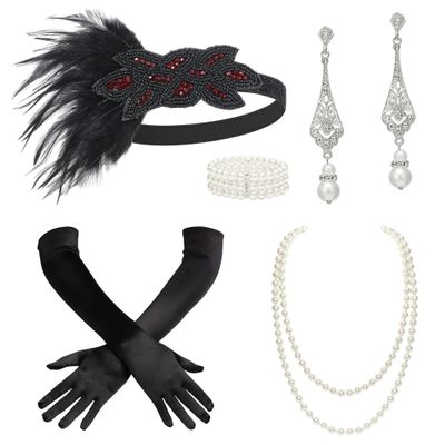 BABEYOND 1920s Flapper Accessories Great Gatsby Costume Accessories 20s Flapper Headband Pearl Necklace Gloves Plastic Holder