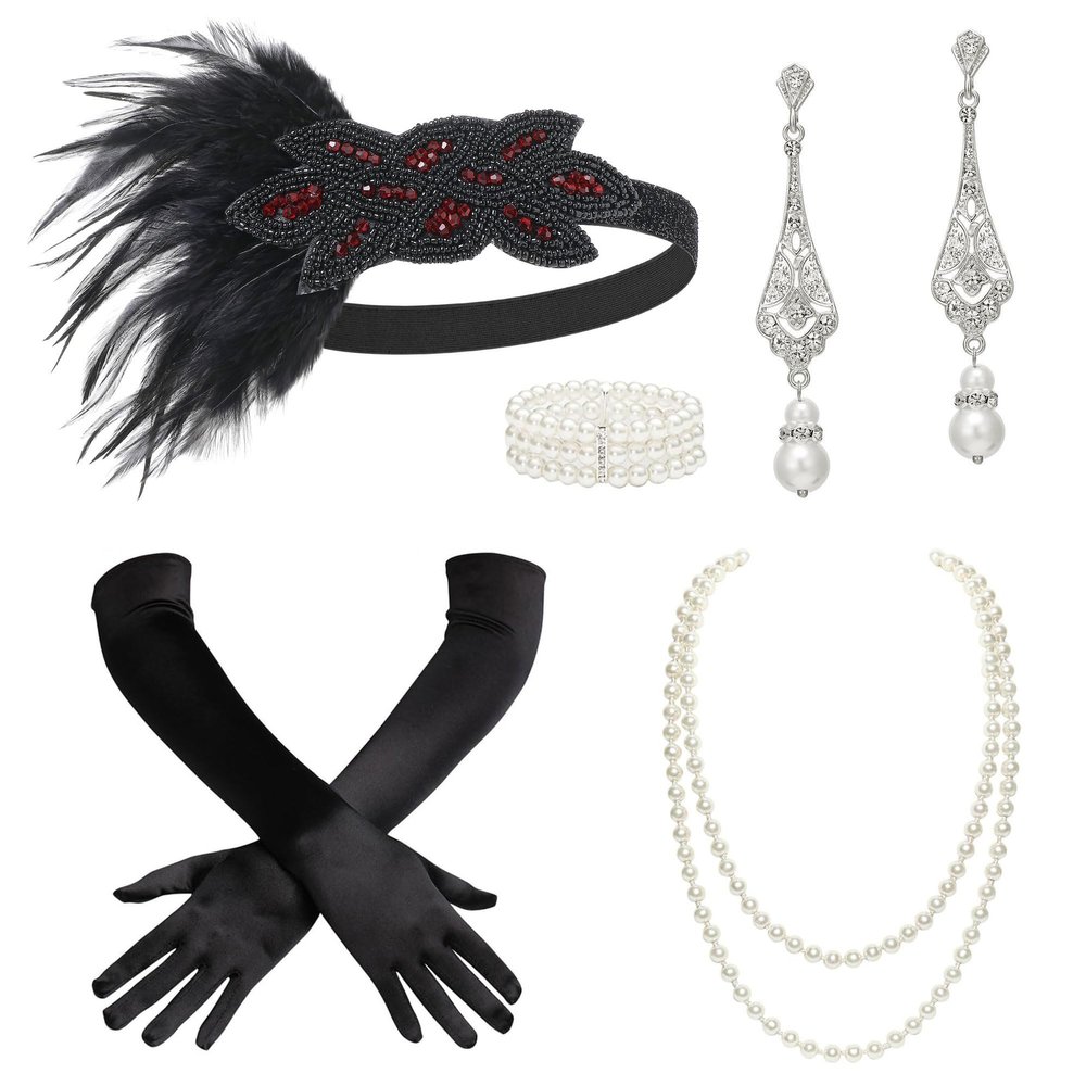 BABEYOND 1920s Flapper Accessories Great Gatsby Costume Accessories 20s Flapper Headband Pearl Necklace Gloves Plastic Holder