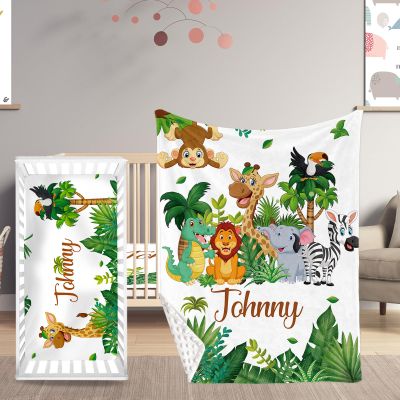 Custom Name Baby Crib Bedding Set, Personalized 2 Piece Green Wild Animals Baby Bedding Set for Girls, Soft Blanket with Dotted Backing and Fitted Sheet, Perfect for Baby Newborn Shower Gift