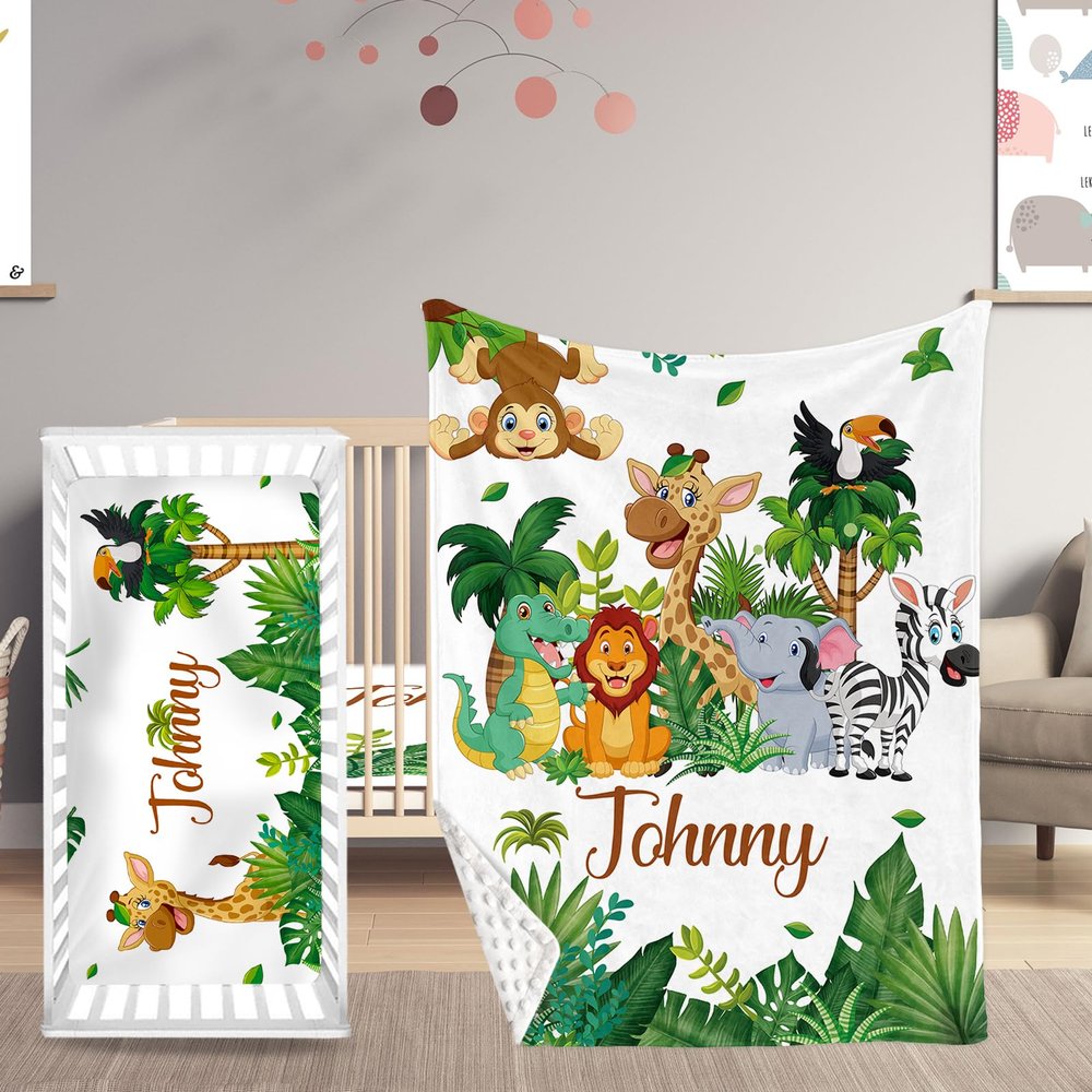 Custom Name Baby Crib Bedding Set, Personalized 2 Piece Green Wild Animals Baby Bedding Set for Girls, Soft Blanket with Dotted Backing and Fitted Sheet, Perfect for Baby Newborn Shower Gift