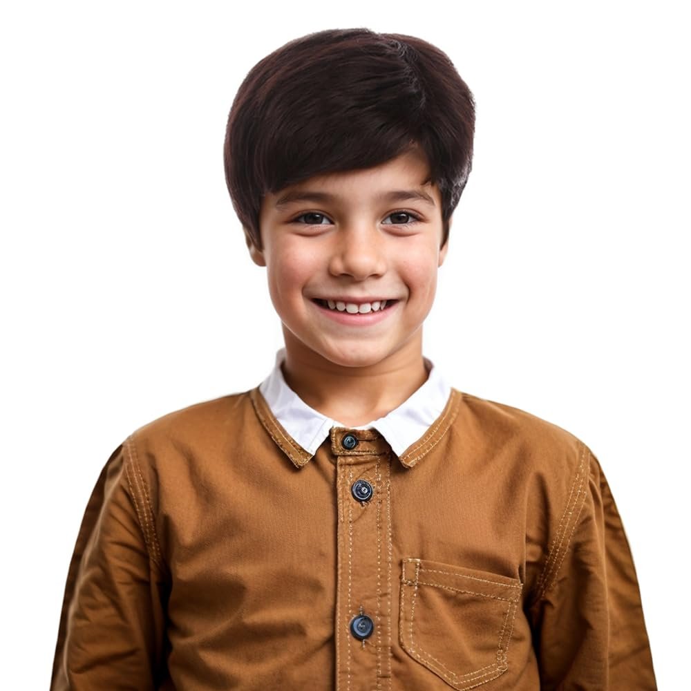 Edivd Kids Brown Wig Boys Short Brown Straight Wig Dark Brown Hair for Child Heat Resistant Synthetic Hair with Cap