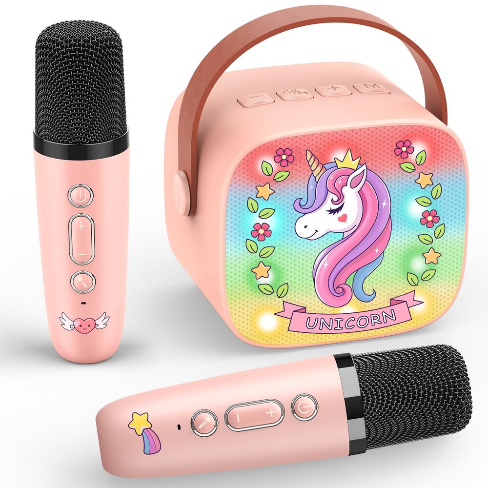 Unicorn Mini Karaoke Machine Toys: Kids Toys Girls Xmas Birthday Gifts Age 3-12+ Stocking Fillers LED Portable Bluetooth Speaker with 2 Wireless Microphone Gift Toy for 4 5 6 7 8 9 Years Old Girl Kid