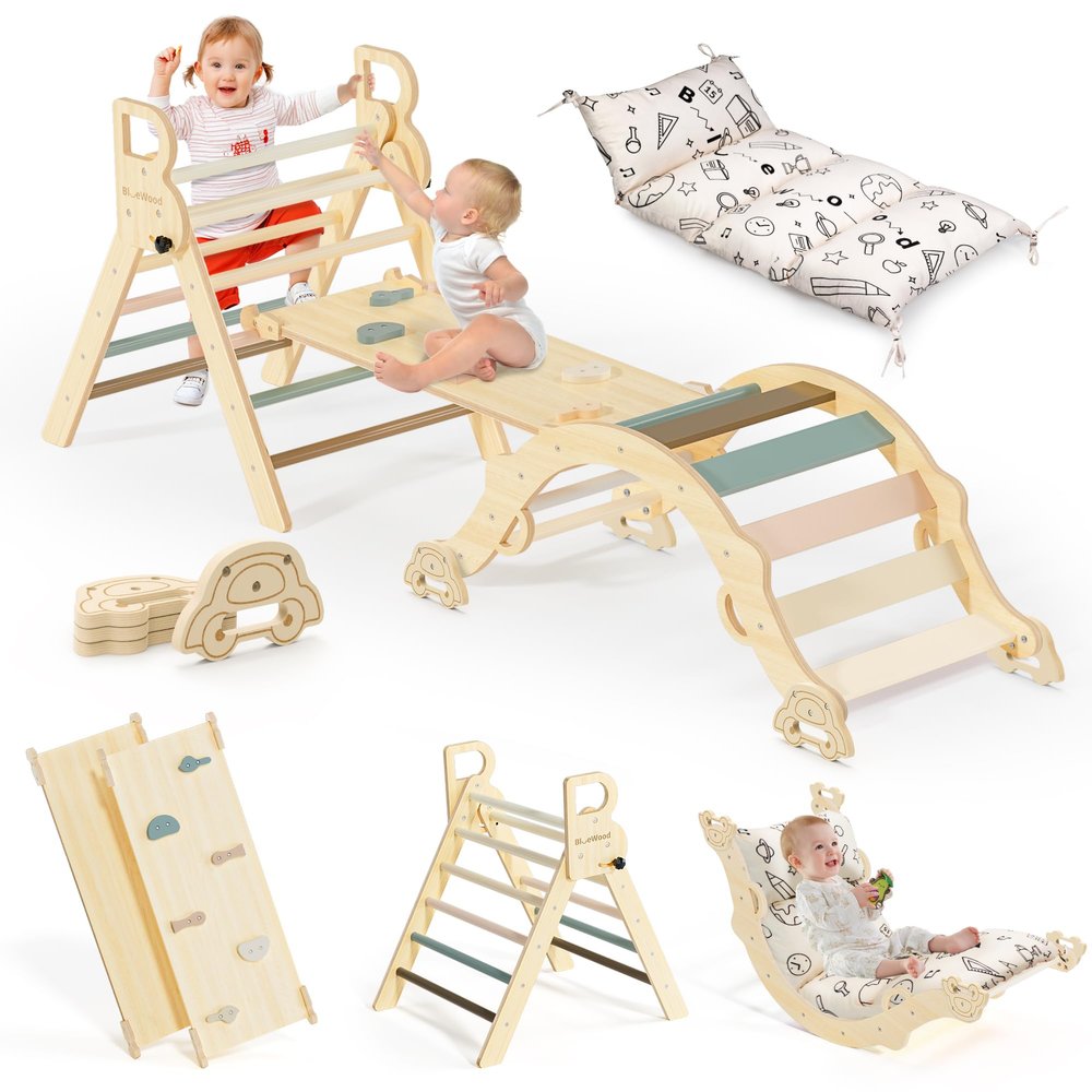BlueWood Pikler Triangle Set with Cushion, 8-in-1 Climbing Toys for Toddlers, Montessori Philosophy Play Jungle Gym with Arch, Ramp, Ladder(Mauve Pink)