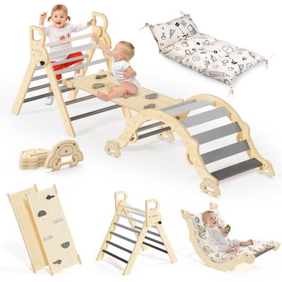 BlueWood Pikler Triangle Set with Cushion, 8-in-1 Climbing Toys for Toddlers, Montessori Philosophy Play Jungle Gym with Arch, Ramp, Ladder(Elegant Gray)
