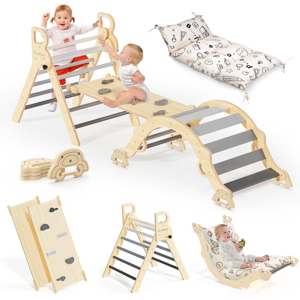 BlueWood Pikler Triangle Set with Cushion, 8-in-1 Climbing Toys for Toddlers, Montessori Philosophy Play Jungle Gym with Arch, Ramp, Ladder(Elegant Gray)