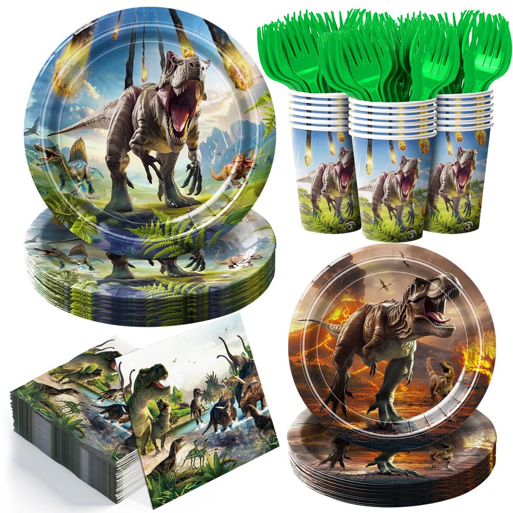 120pcs Dinosaur Party Supplies Paper Plates Napkins Disposable Tableware Set Paper Cups Green Forks for Dinosaur Theme Birthday Party Supplies for Boys Kids Severs 24