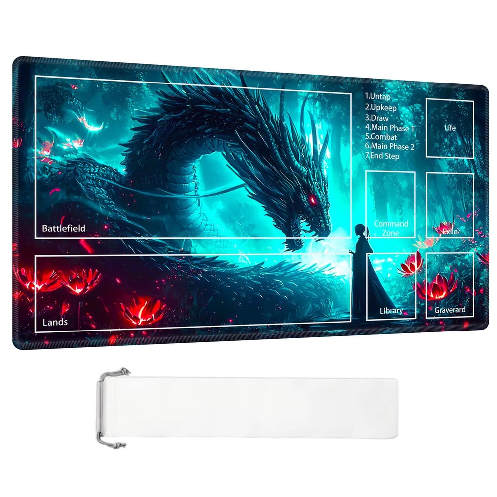 ETLKJVBL for MTG Playmat, Epic Dragon and Flower Premium for Magic The Gathering Mat with Beautiful Patterns & Storage Bag for Game Players, 24 x 14 Inch for Card Game Mat