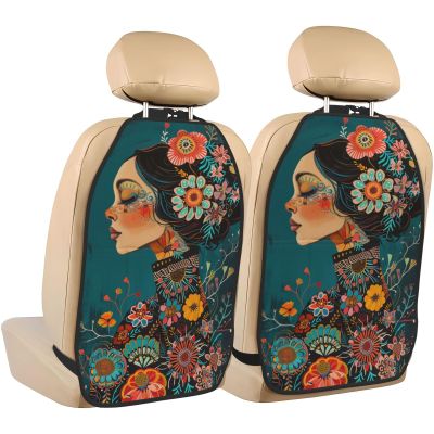 Vintage Woman Car Seat Back Kick Protectors,2 Pack Colorful Flower Kick Mats With Storage Pockets For Vehicles To Protect From Dirt Mud Scratches