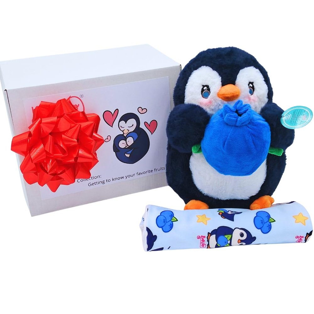BelkVilo. Cute Plush Toy Penguin 11" Gift Set for Babies and Toddlers.  Blueberry Rattle Toy + Soft Matching Blanket  Gift with Gift Box, Red Ribbon & Dedication Card  Safe Embroidered Eyes