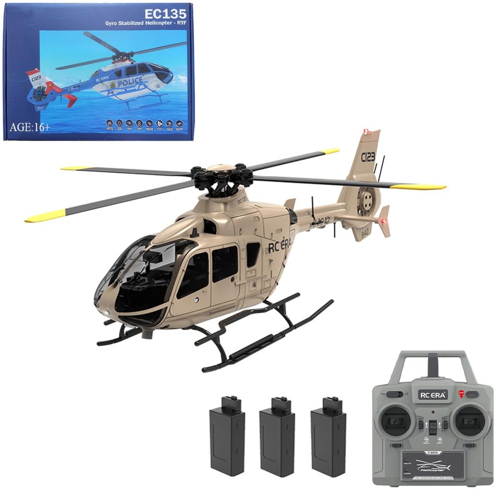 C123 RC Helicopter, 1:36 6CH EC135 Remote Control Helicopter for Adults, 2.4GHz RC Aircraft with 6-Axis Gyro, Inverted Flight, Altitude Hold, One Key Take Off/Landing (Champagne(3 Batteries)