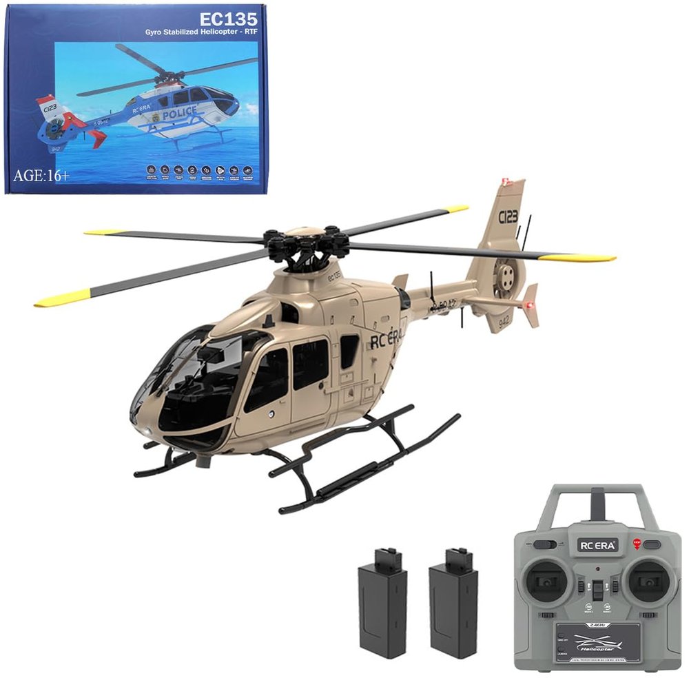 C123 RC Helicopter, 1:36 6CH EC135 Remote Control Helicopter for Adults, 2.4GHz RC Aircraft with 6-Axis Gyro, Inverted Flight, Altitude Hold, One Key Take Off/Landing (Champagne(2 Batteries)