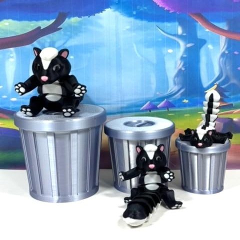 3pcs Articulated Skunk with Trash Can, 3D Printed Black and White Skunk, Tiny Animal Skunk Toy, 3D Printed Trash can, Skunk Toy, Trash Panda, Fidget ADHD Autism Toy AR004