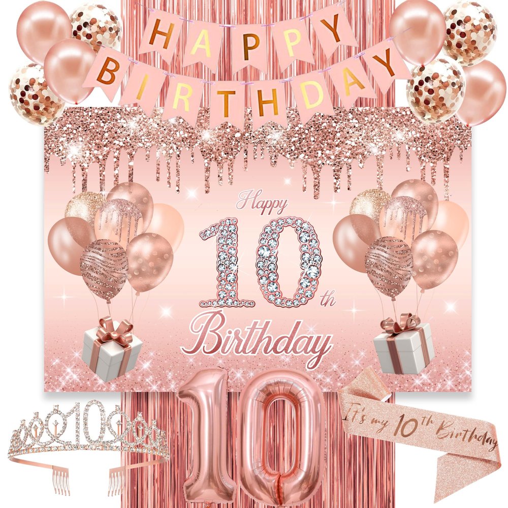 10th Birthday Decorations for Girls,Banner,Backdrop, its my 10th Birthday Sash, Sweet Rhinestone Tiara Crown,Balloons