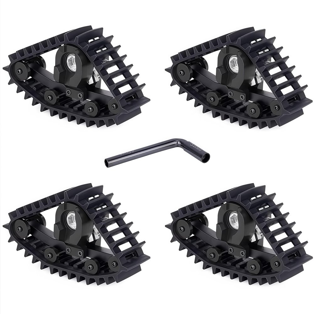 TRX4M Track Snow Tires, 4Pcs TRX4M Track Wheels Snow Tires with L-Shaped Wrench Installation Tool for 1/18 RC Crawler Car TRX4M Upgrade Accessories (Black)