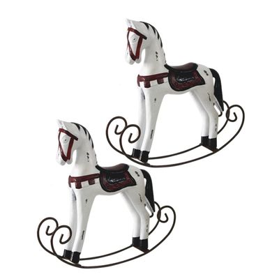 GARVALON 2pcs Wooden Rocking Horse Figurine Handmade White Waddle Horse Ornament for Home Decor Unique Vintage Desktop Adornment for