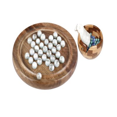 Hafi International Indian Wooden Solitaire Game Set Natural Wood 9 Round Board with Marble Balls One Player Brain Teaser Puzzle Timeless Table Game for Adults & Families