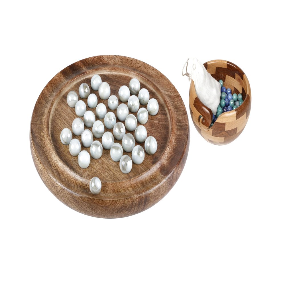Hafi International Indian Wooden Solitaire Game Set Natural Wood 9 Round Board with Marble Balls One Player Brain Teaser Puzzle Timeless Table Game for Adults & Families