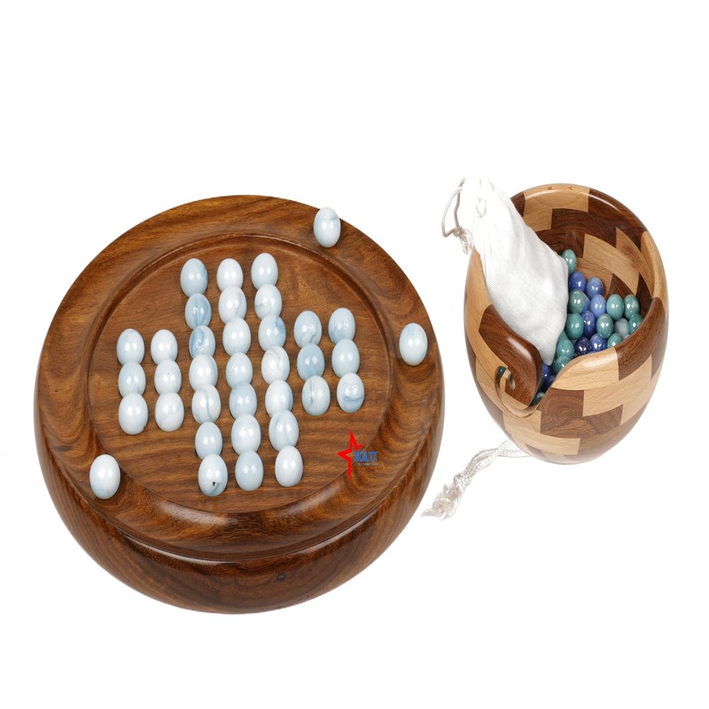 Wooden Marble Solitaire Board Game - Premium Handcrafted Classic Puzzle Marbles, Brain Teaser for Adults & Kids, or Coffee Table Decor (White-Marble)