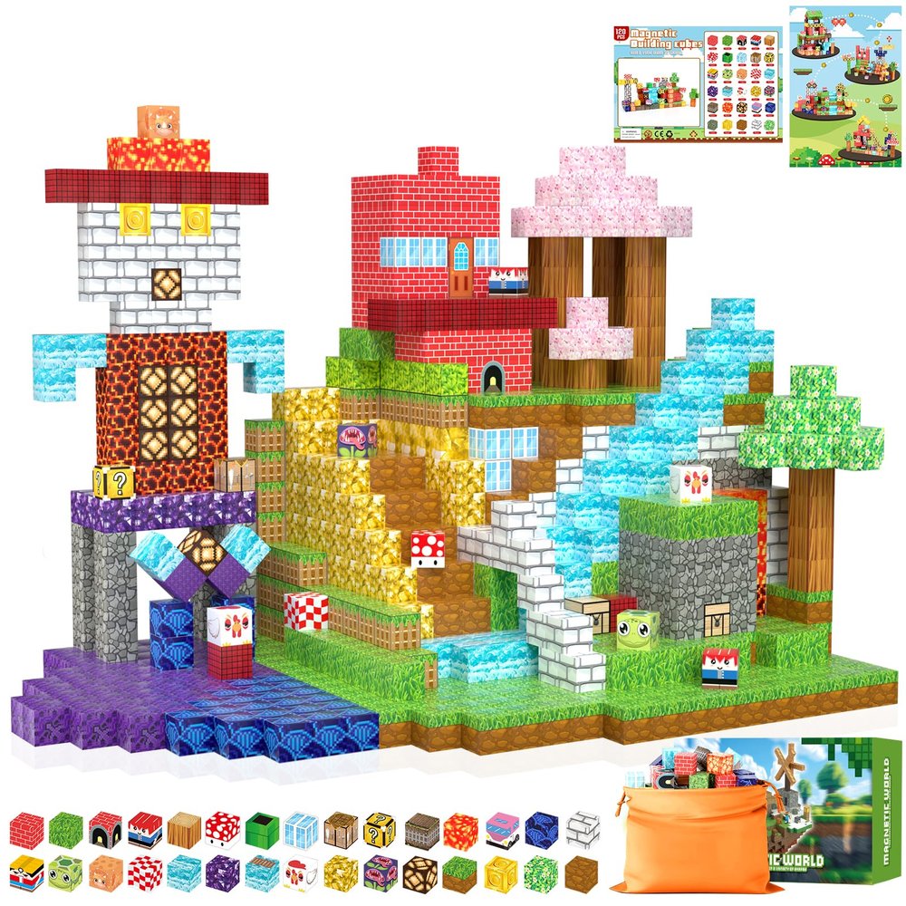 AKALOL Magnetic Blocks,120PCS Magnetic Building Blocks Cube Constructions Sensory Toys for Kids Tiles Toys for Boys & Girls 3 4 5 6 7 8 9 10 Year Old,STEM Birthday Gifts for Toddlers Outdoor Travel