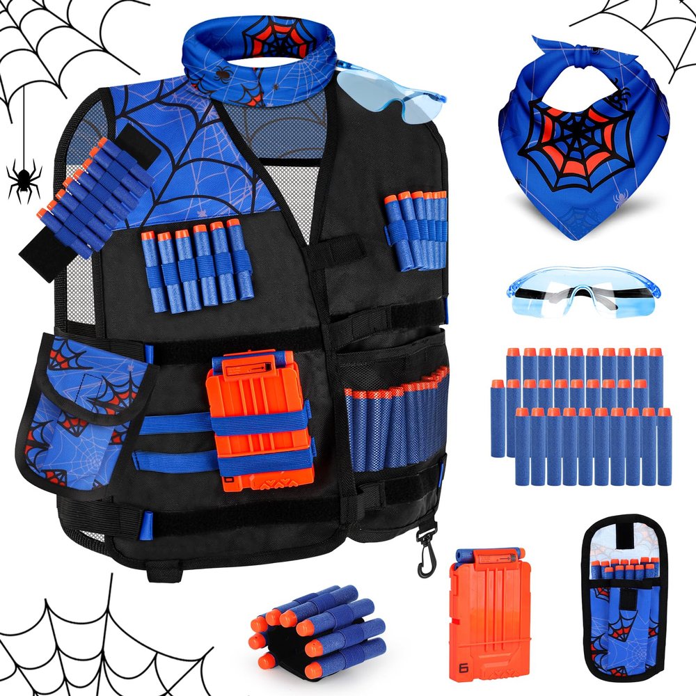 Lehoo Castle Kids Tactical Vest Kit for Nerf Guns for Boys Girls, with 30 Refill Darts, Dart Pouch, Tactical Mask, Reload Clips, Wrist Band and Protective Glasses