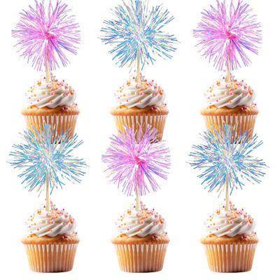 20 Pcs Colorful Firework Shape Cupcake Decorations, Sparkling Colorful Cake Decorations for Various Birthday Party, Anniversary Cake Pastry Decorations Pink, Blue