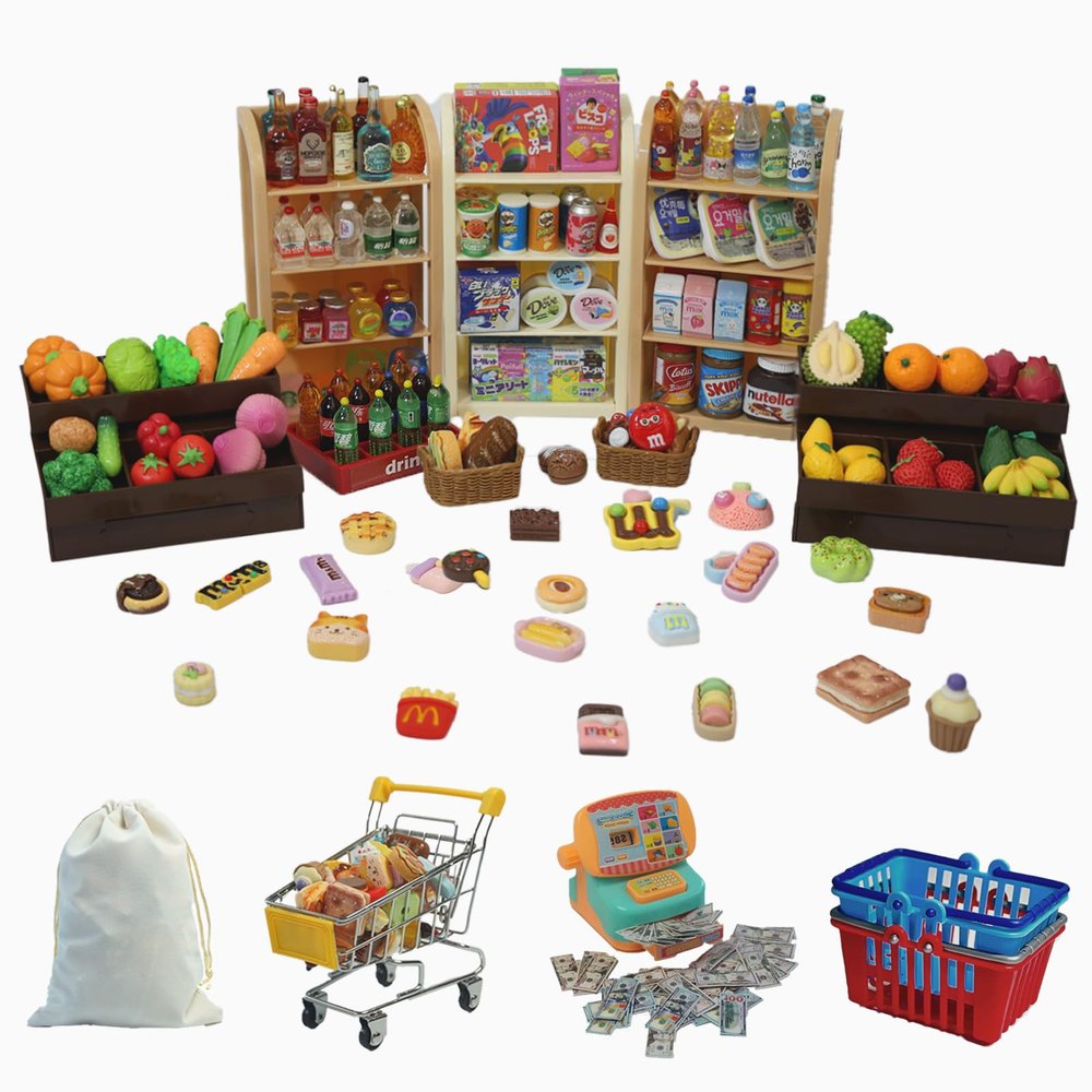 180Pcs Mini Shopping Cart Playset - Pretend Grocery Dollhouse Accessories Toys with Miniature Cash Register, 2 Fruit-Veggie Stands, 3 Shelves, 100+ Play Food - Educational Role Play Toys for Toddlers