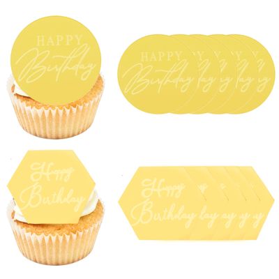 10 Pcs Acrylic Happy Birthday Cupcake Toppers, Round Gold, Hexagonal Gold Mirror Cake Topper for DIY Cupcake Decoration Birthday Party Decor