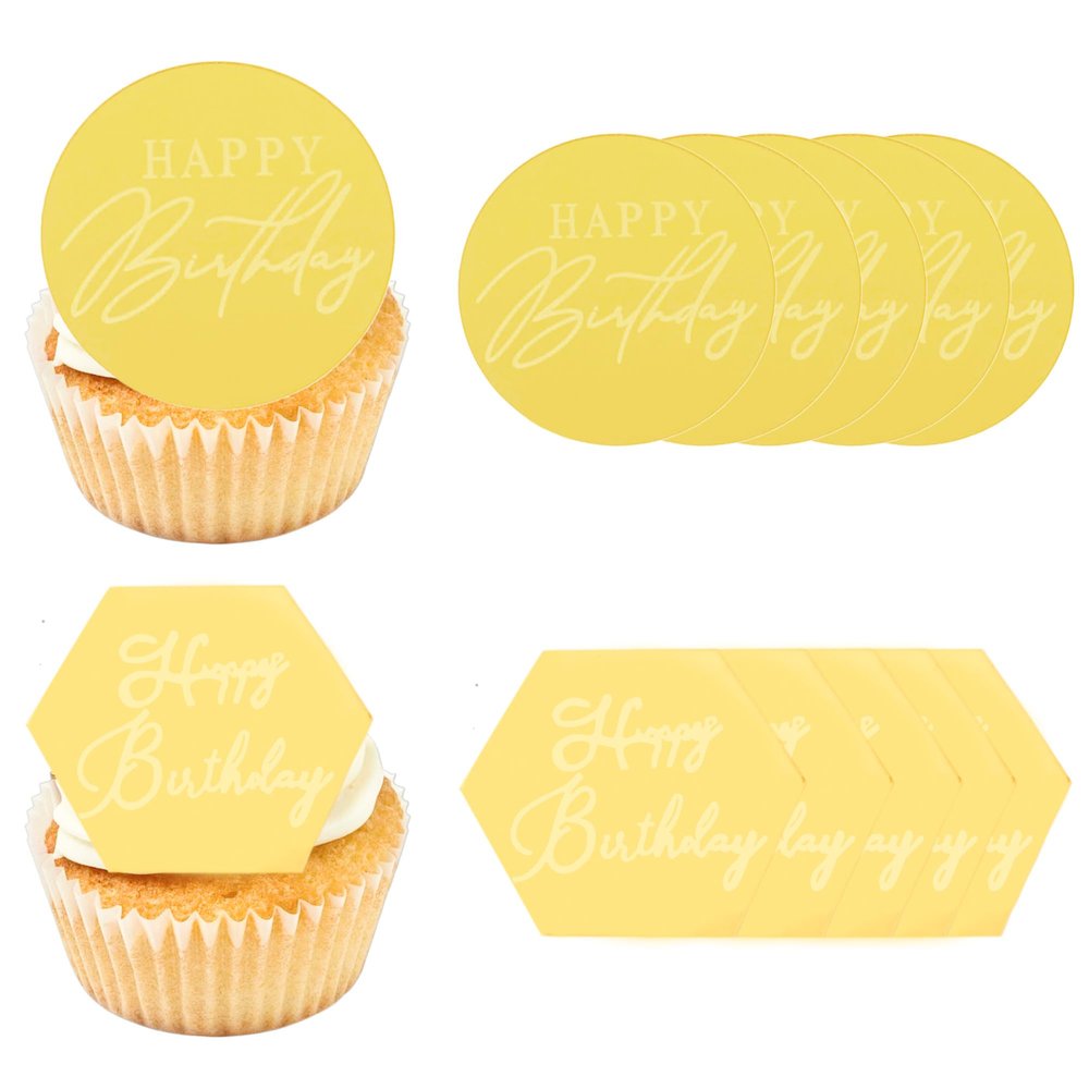 10 Pcs Acrylic Happy Birthday Cupcake Toppers, Round Gold, Hexagonal Gold Mirror Cake Topper for DIY Cupcake Decoration Birthday Party Decor