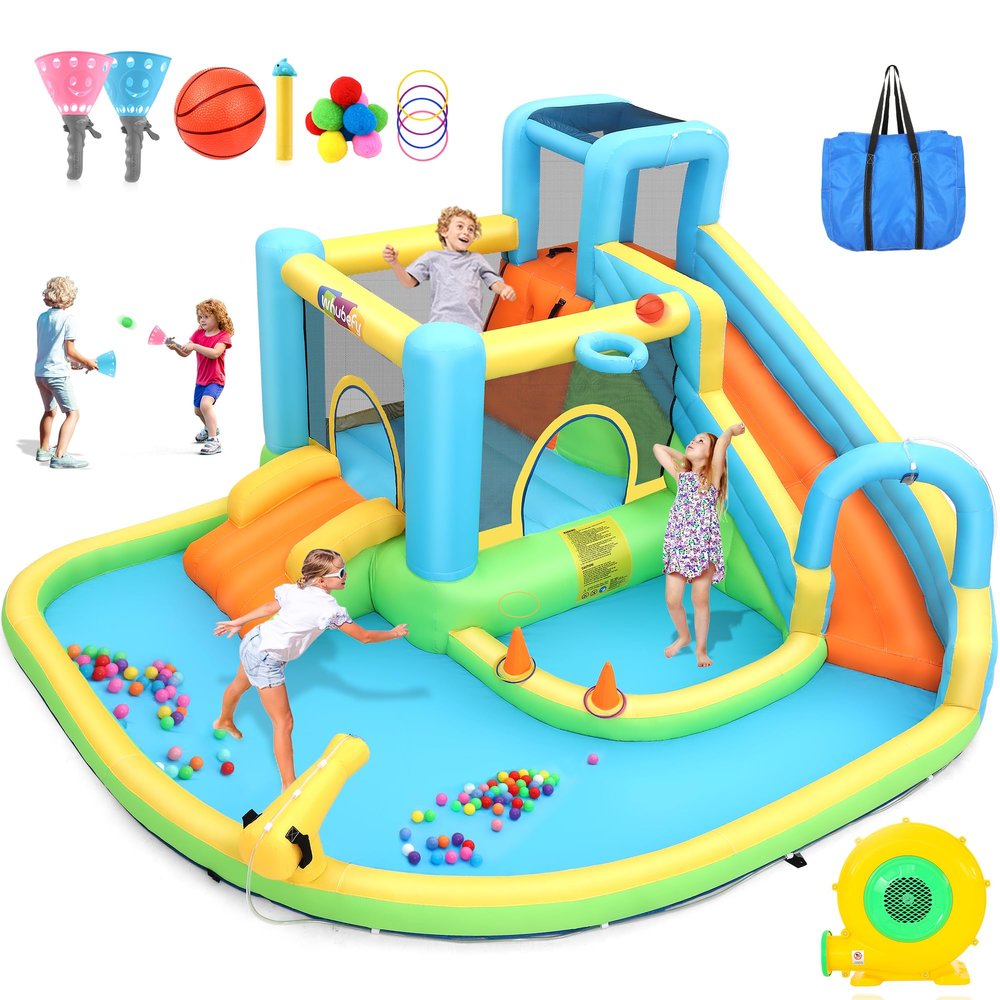 Whubefy 12.8x12ft Inflatable Bounce House for Big Kids, 13 in 1 Bouncy House Jump Castle for Kids 3-6 Indoor Outdoor Wet Dry Water Bounce House Double Slide with Pool, Ball Pit, Ring Toss Cones,5 Toys