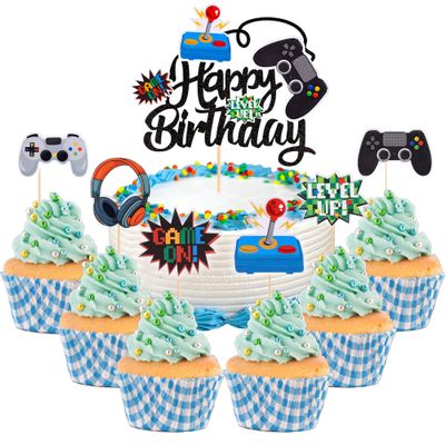 13 Pcs Video Game Cupcake Toppers Video Game Happy Birthday Cake Topper, for Game Themed Parties Birthday Party Cake Toppers