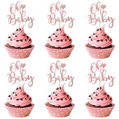12 Pcs Oh Baby Cupcake Toppers, Pink Glitter Cake Topper for Baby Shower Party Cake Decoration Kids Birthday Party Cake Decorations Supplies