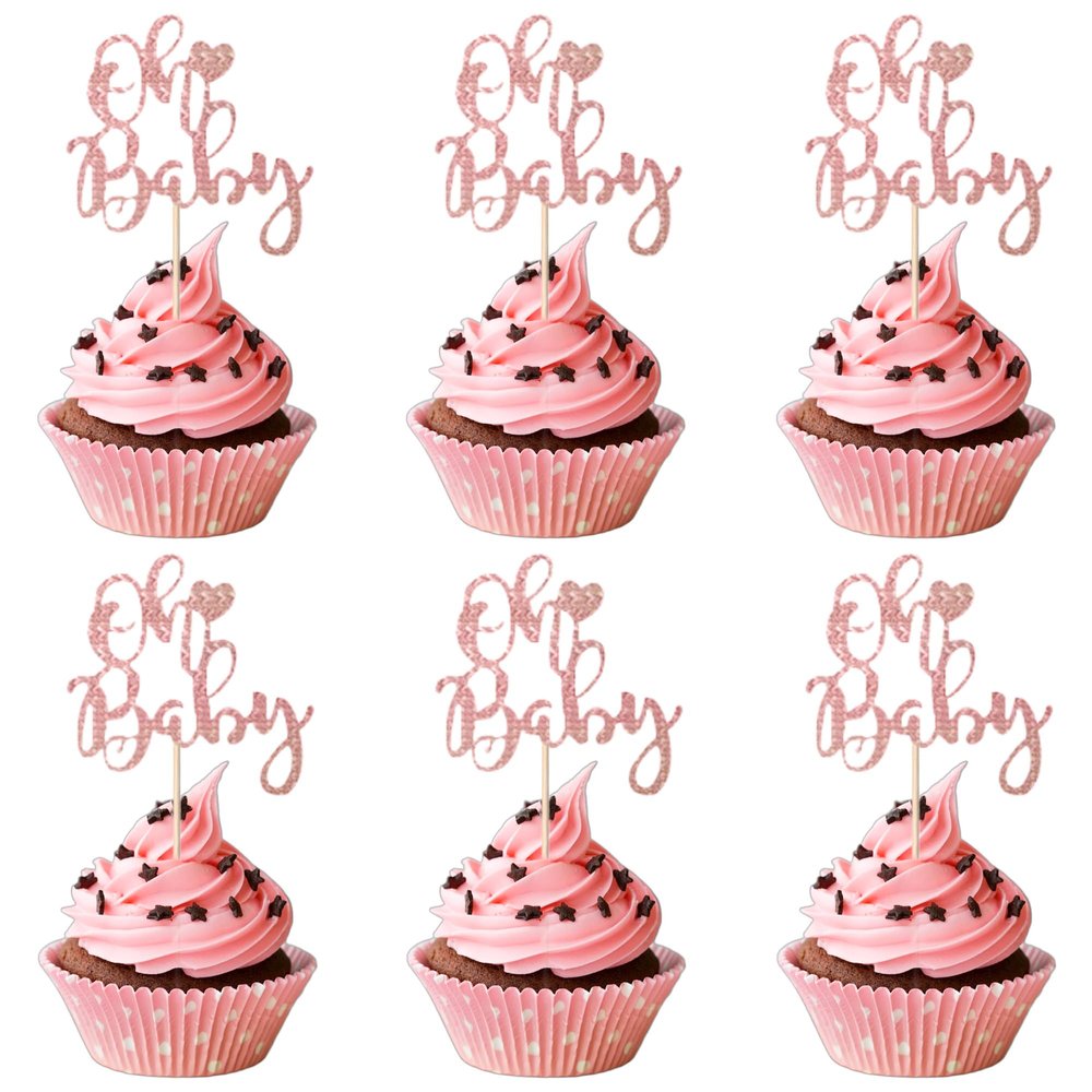 12 Pcs Oh Baby Cupcake Toppers, Pink Glitter Cake Topper for Baby Shower Party Cake Decoration Kids Birthday Party Cake Decorations Supplies