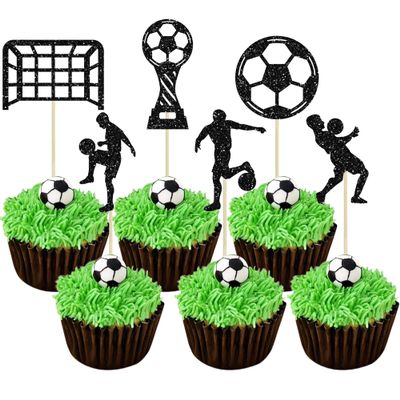 12 Pcs Soccer Happy Birthday Cupcake Toppers, Black Glitter Soccer Sports Theme Cupcake Decorations Suitable for Soccer Player Party, Birthday Party Cake Decoration Supplies -Style2