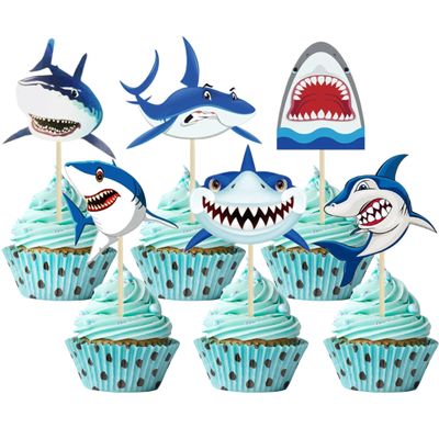 12 Pcs Shark Cupcake Toppers Happy Birthday Cake Toppers Shark Ocean Theme Party Supplies Kids Birthday Party Supplies Decorations