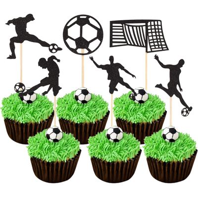12 Pcs Soccer Happy Birthday Cupcake Toppers, Black Glitter Sports Theme Cupcake Decorations Suitable for Soccer Player Party, Birthday Party Cake Decoration Supplies -Style 1